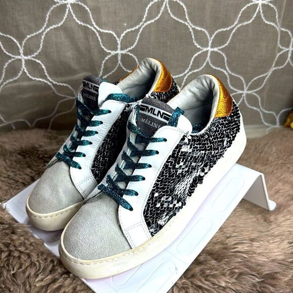 Meline Shoes - (E4) Meline Italy silver sequined leather sneakers, size 7 women.